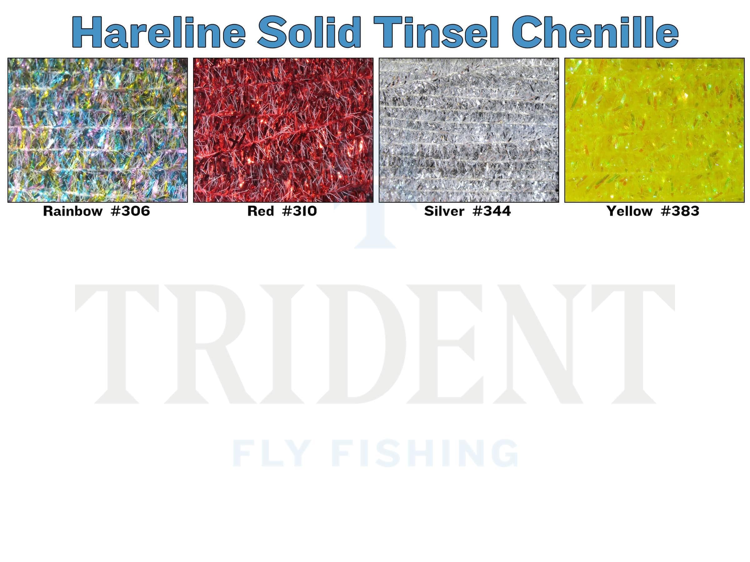 Hareline tinsel chenille swatches: sparkly rainbow, red, silver and bright yellow strands for fly tying