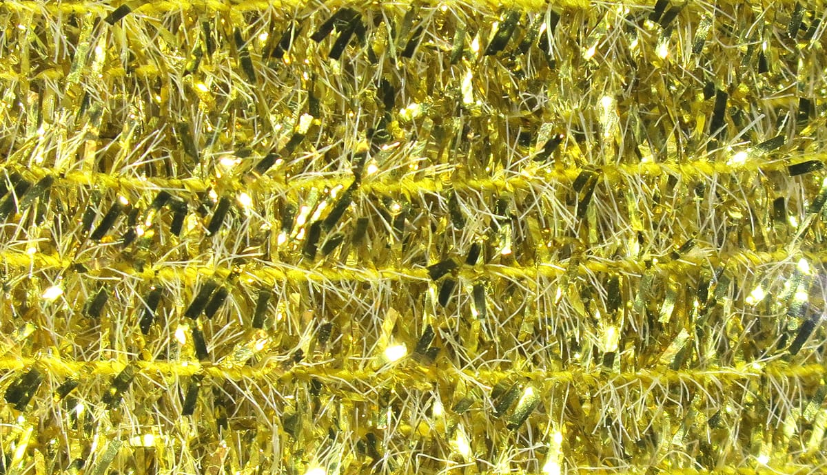 Hareline solid gold tinsel chenille close-up showing shiny metallic flakes and fibrous strands for fly tying