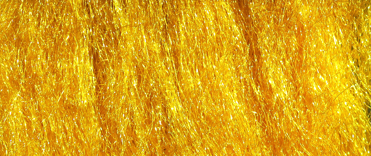 Golden yellow Hareline Sparkle Emerger yarn with fine glittery synthetic fibers and tinsel sparkle for fly tying