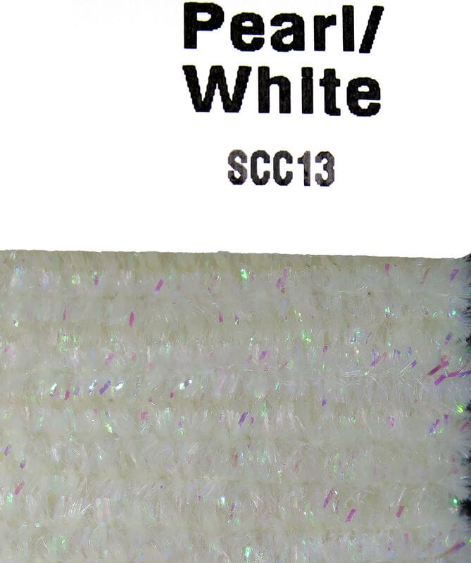 Pearl white Hareline speckled chenille with iridescent pink-green tinsel flecks, fluffy synthetic yarn for fly tying