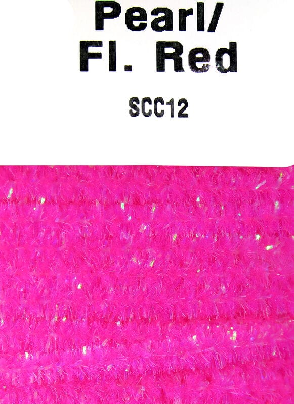 Hareline speckled chenille in fluorescent pink with iridescent tinsel flecks, soft fuzzy material for fly tying