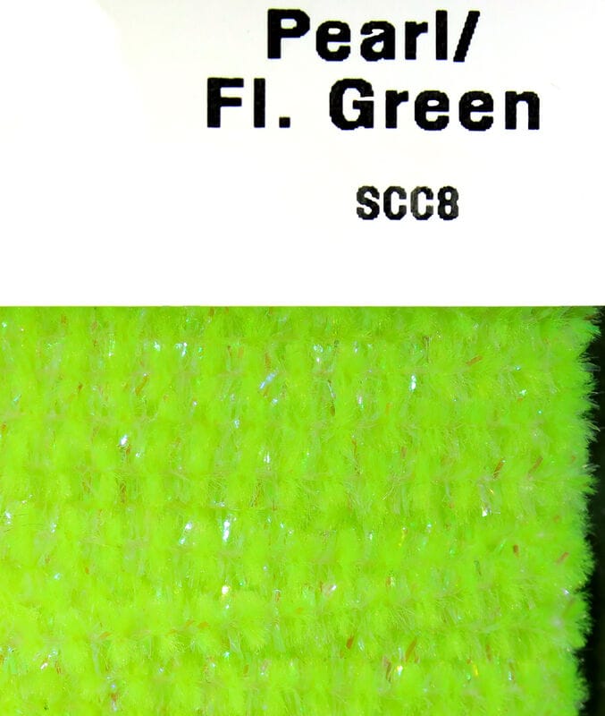 Pearl fluorescent green speckled chenille for fly tying, fuzzy neon fibers with iridescent tinsel flecks