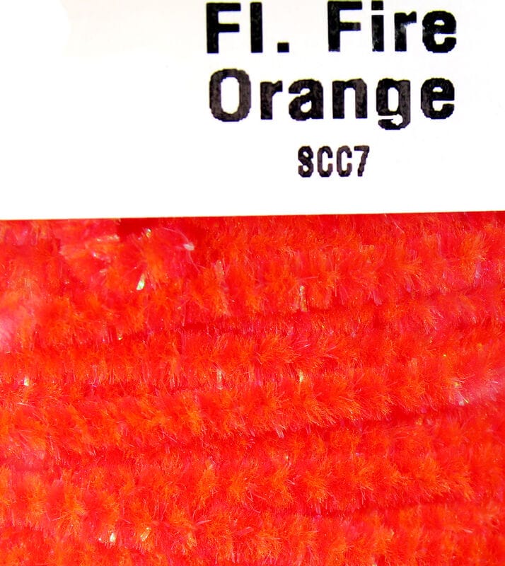 Fluorescent fire-orange speckled chenille with fuzzy texture and iridescent sparkles for fly tying.