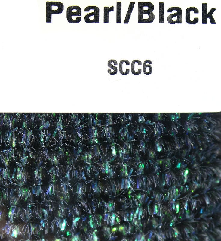 Pearl/Black Hareline speckled chenille: black fuzzy yarn with iridescent green-blue speckles for fly tying
