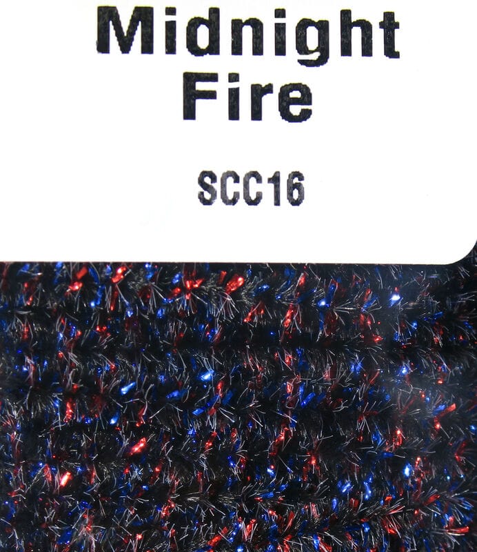 Hareline Speckled Chenille Midnight Fire - black chenille with red and blue metallic speckles for fly tying