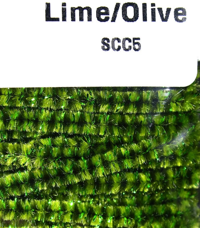 Lime and olive speckled chenille for fly tying, fuzzy textured yarn with green iridescent tinsel highlights
