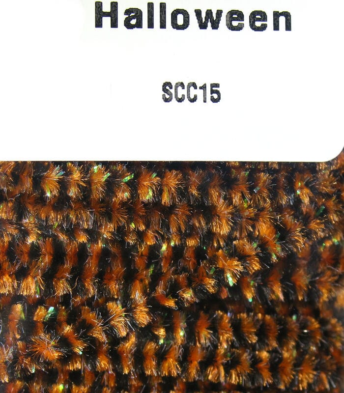 Hareline speckled chenille in orange and black with iridescent green tinsel, plush fly-tying material