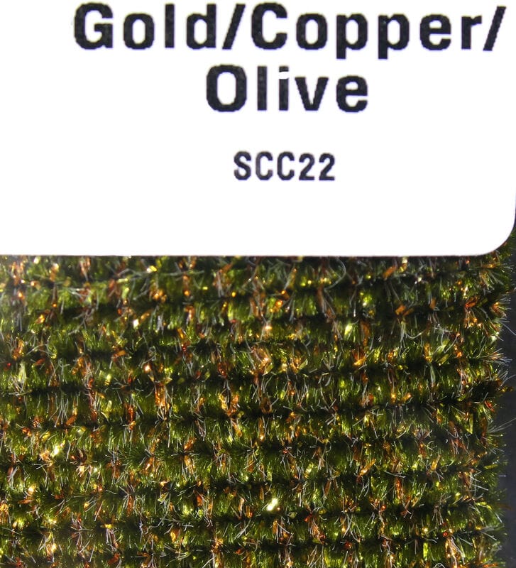 Hareline speckled chenille in gold, copper and olive; textured sparkly synthetic yarn for fly tying