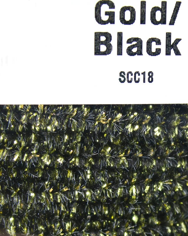 Hareline speckled chenille in gold and black, fuzzy textured yarn with metallic gold flashes for fly tying