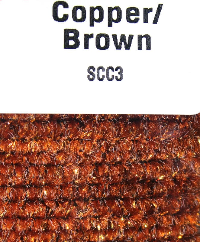 Hareline copper-brown speckled chenille with metallic sparkle fibers, textured yarn for fly tying