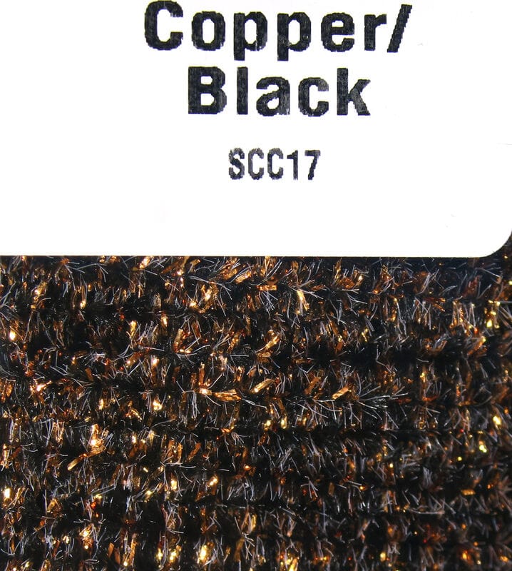 Hareline speckled chenille in copper and black, fuzzy synthetic fibers with metallic copper tinsel flecks for fly tying