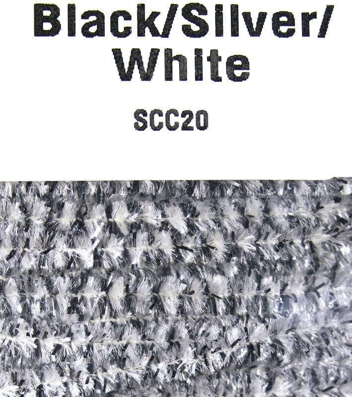 Hareline speckled chenille in black, silver and white, fuzzy sparkly fly tying material