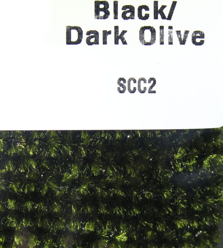 Hareline speckled chenille in black/dark olive — speckled, sparkly synthetic texture for fly tying