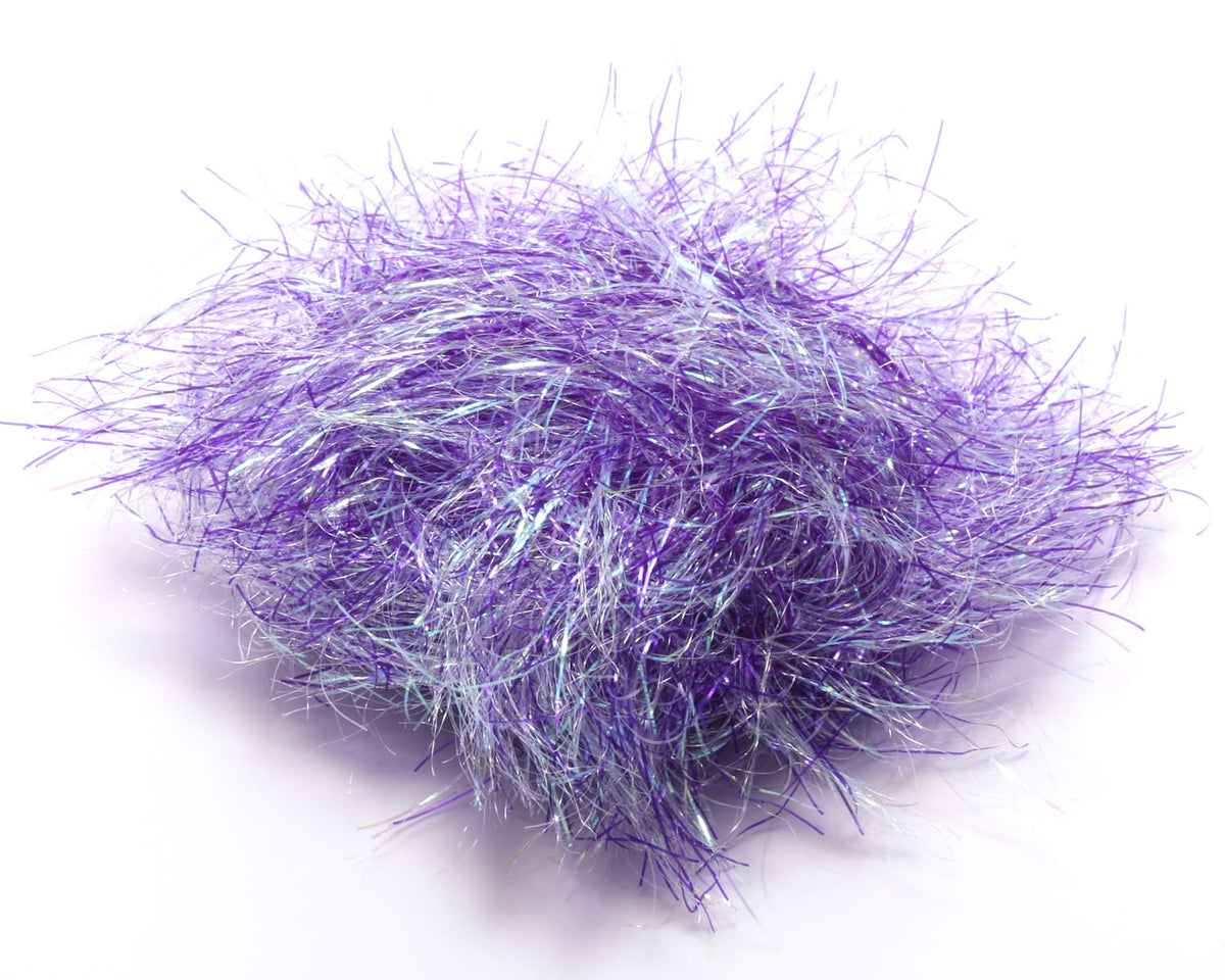 Hareline Spectrum Glimmer chenille bundle in iridescent purple and silver, fluffy tinsel-like fibers for fly tying