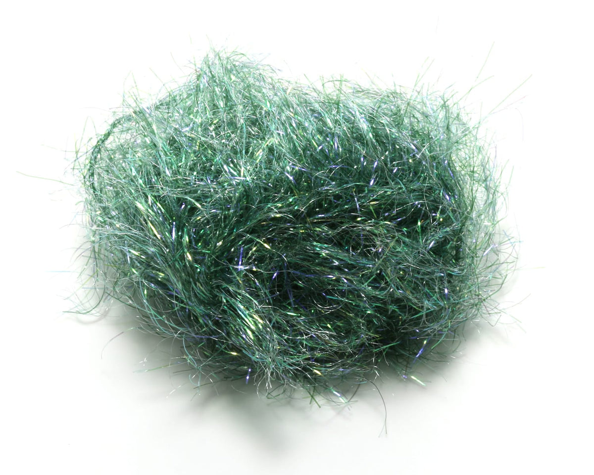 Hareline Spectrum Glimmer chenille bundle, iridescent green sparkly synthetic fibers for fly tying