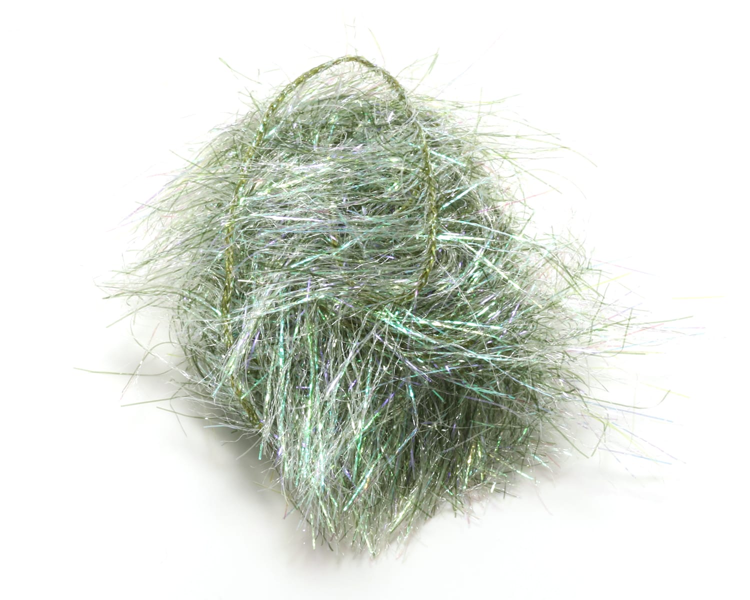 Hareline Spectrum Glimmer chenille in iridescent olive-green tinsel fibers, fluffy sparkly fly-tying material