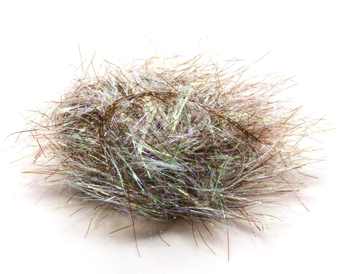 Hareline Spectrum Glimmer chenille for fly tying, iridescent brown with green-purple highlights and spiky reflective fibers
