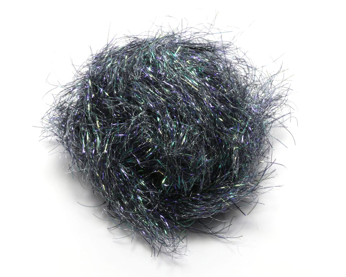 Dark iridescent Hareline Spectrum Glimmer chenille bundle with metallic green and purple tinsel fibers for fly tying