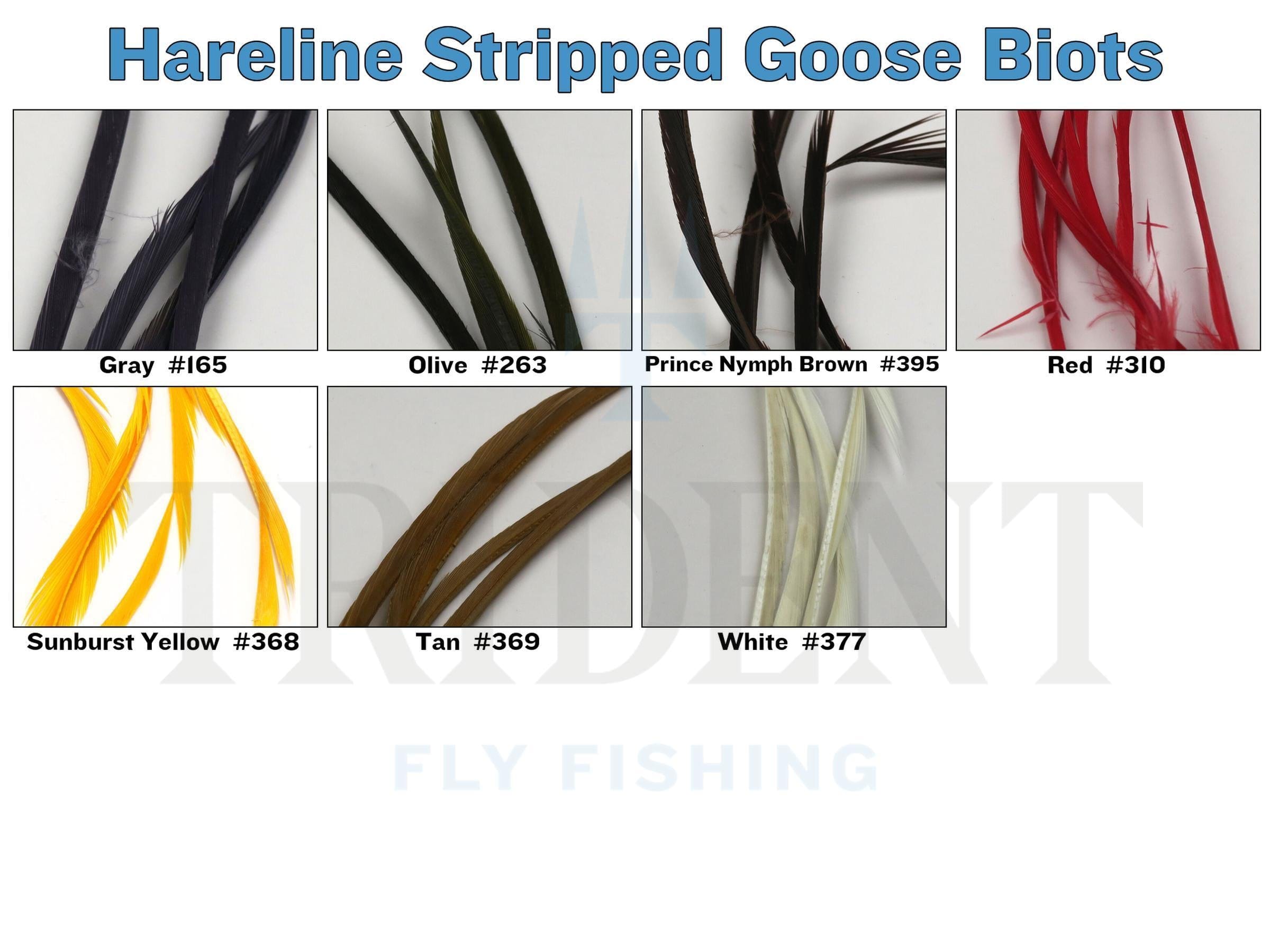 Hareline stripped goose biots, long narrow feather strips in gray, olive, red, sunburst yellow, tan and white for fly tying