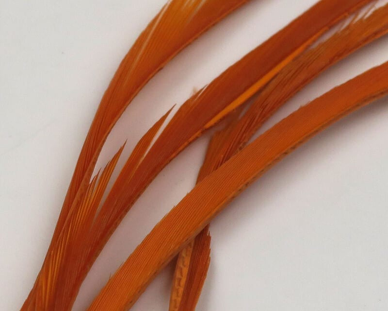 Hareline stripped goose biots, slender glossy orange feather strips for fly tying with tapered barbs on white background