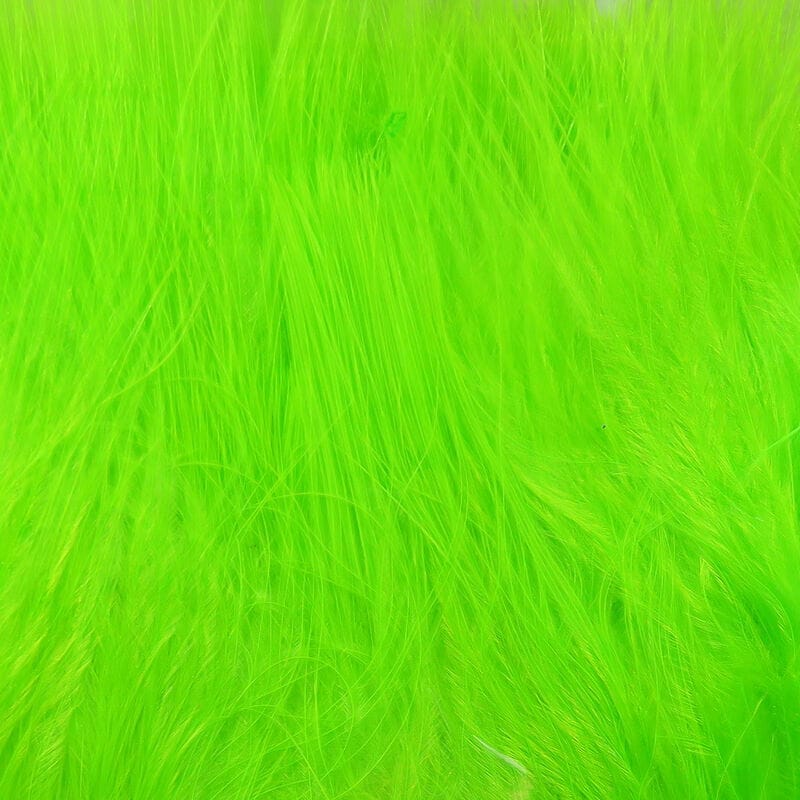 Hareline Marabou blood quills in fluorescent chartreuse, long soft fluffy feather fibers on strung quills for fly tying
