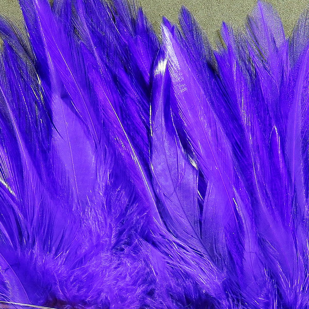 Vibrant purple Hareline strung saddle hackle feathers, glossy long barbs and soft fluffy bases for fly tying