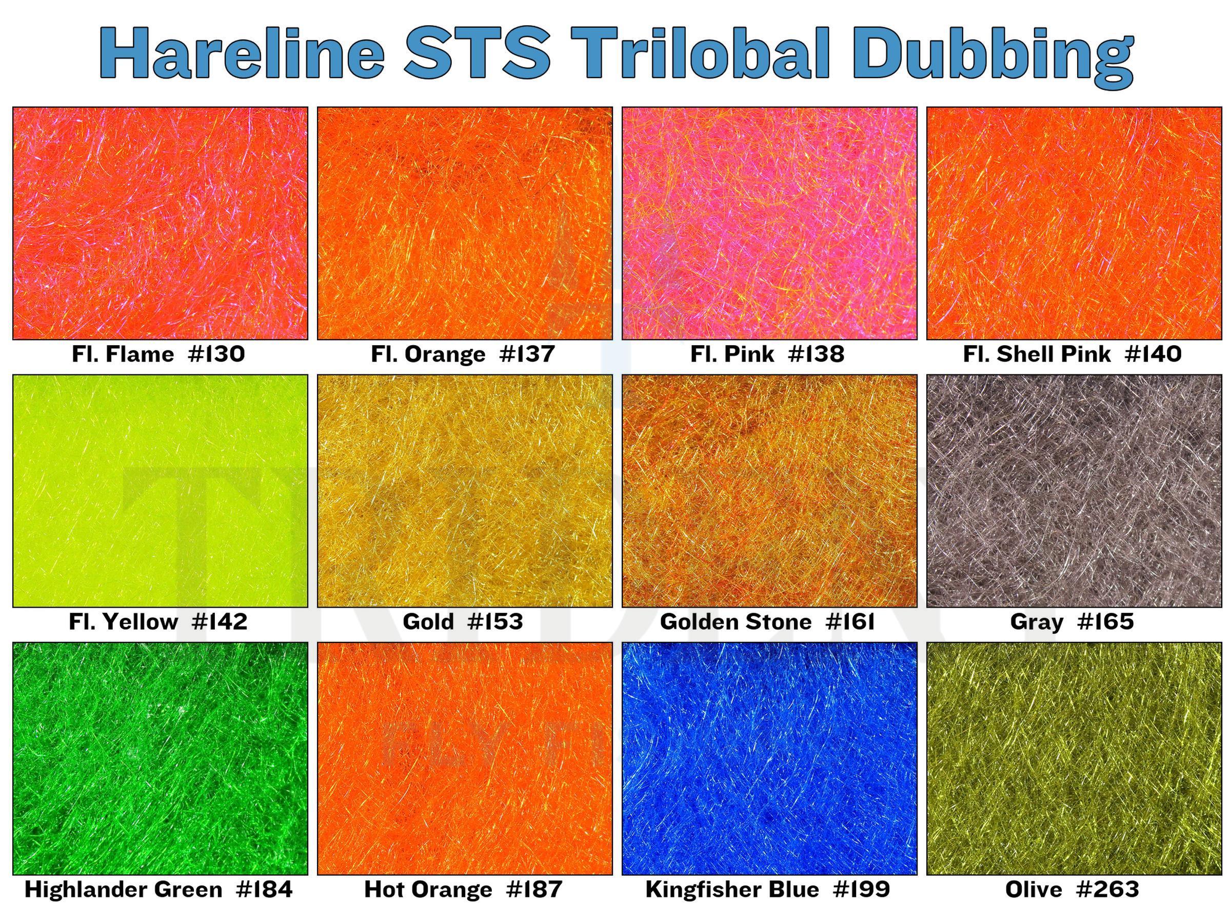 Hareline STS trilobal dubbing swatches iridescent synthetic fibers in bright orange, pink, yellow and blue
