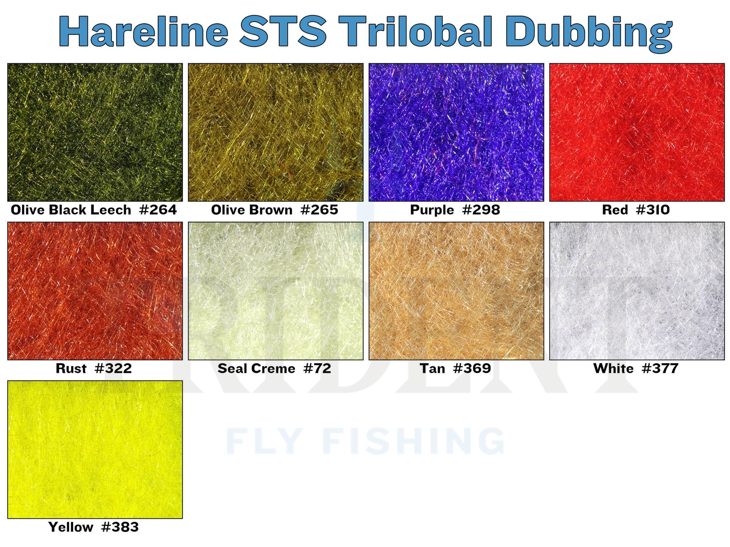 Hareline STS trilobal dubbing color chart showing textured synthetic fly tying fibers in olive, purple, red, white, yellow