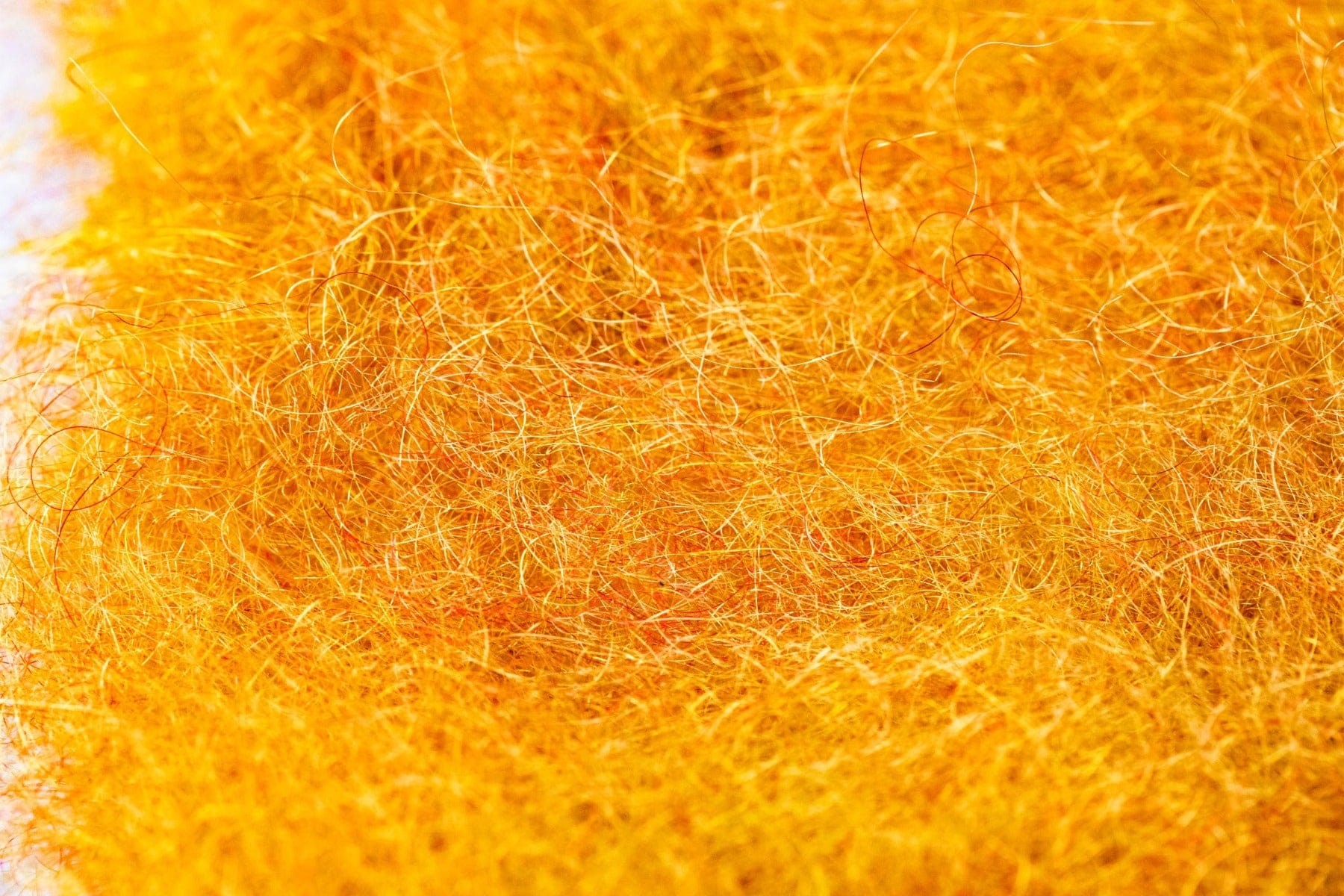 Bright orange-gold trilobal dubbing fibers with glossy synthetic sheen, fuzzy tangled fly tying material