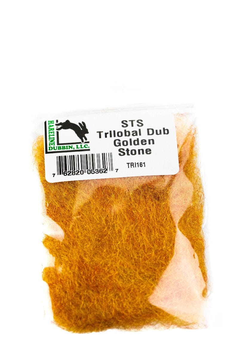 Hareline STS Trilobal Dubbing Golden Stone: golden brown synthetic dubbing fibers for fly tying in clear plastic bag