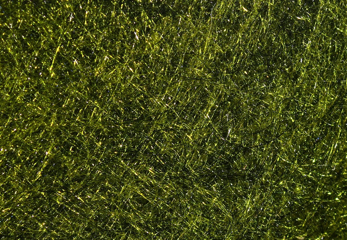 Hareline STS Trilobal dubbing, olive-green sparkly synthetic fibers with metallic sheen for fly tying