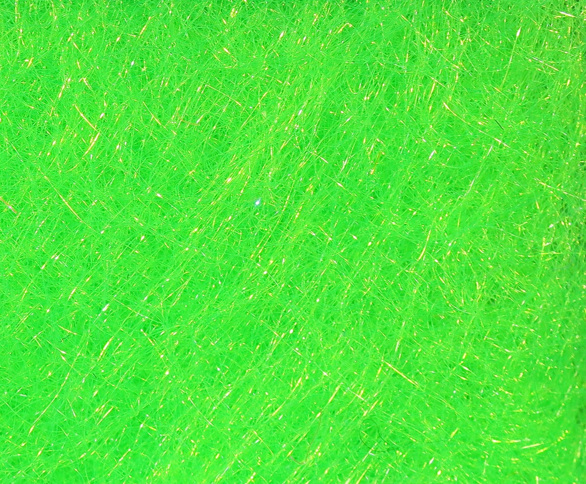 Hareline STS trilobal dubbing in bright chartreuse green with fine synthetic fibers and gold flash for fly tying