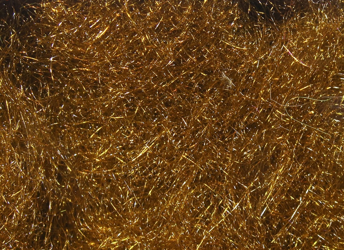 Hareline STS trilobal dubbing, gold metallic fine synthetic fibers, dense shiny reflective strands for fly tying