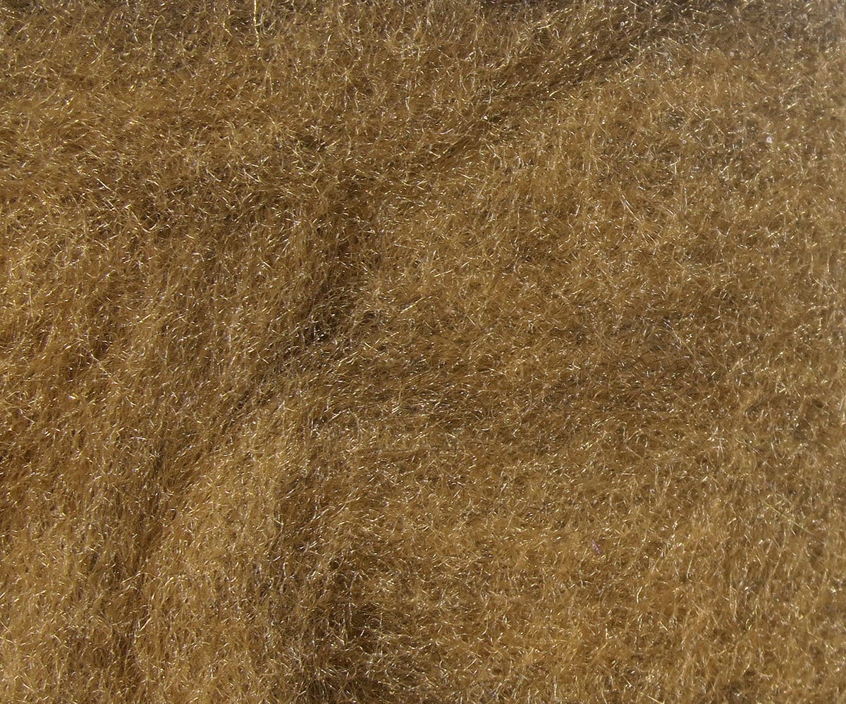 Hareline tan-brown superfine synthetic dubbing with shimmering fibers, fluffy texture for dry fly and fly tying