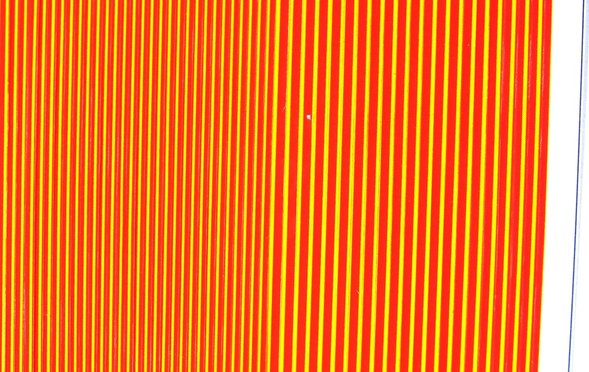 Hareline synthetic quill body wrap bright red with thin yellow vertical stripes for fly tying
