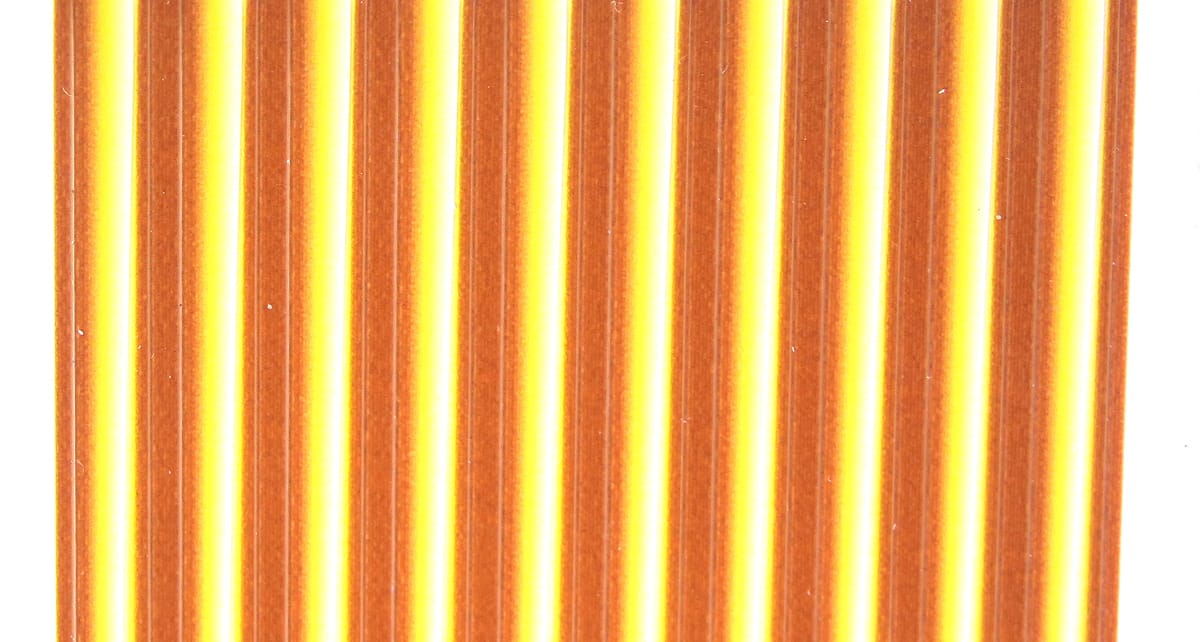 Hareline tapered synthetic quill strips in orange with yellow core, glossy tapered fly tying material arranged in parallel
