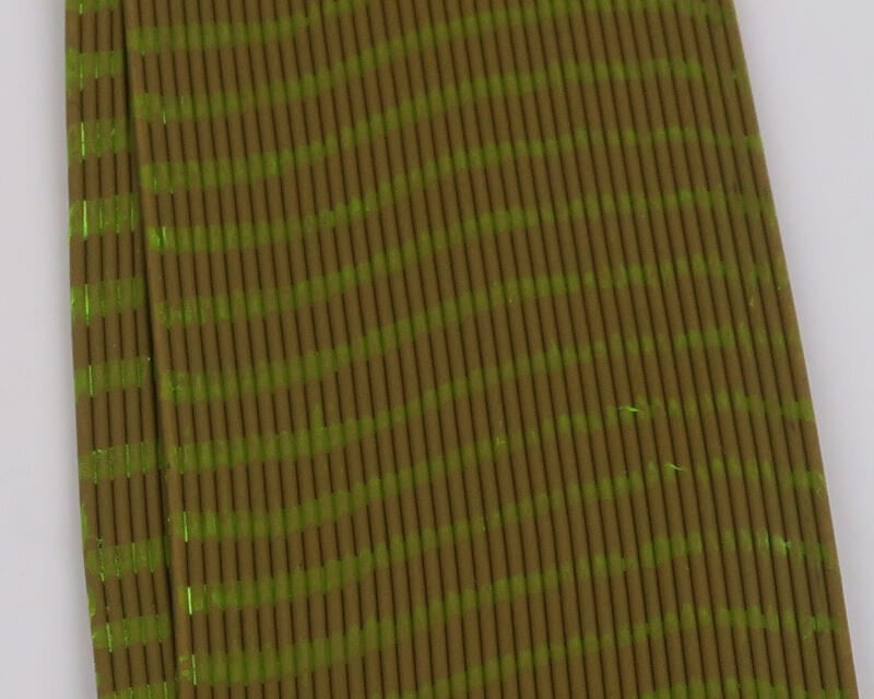 Hareline Tarantu-Leggs olive rubber leg strips with chartreuse bands, thin ribbed material for fly tying