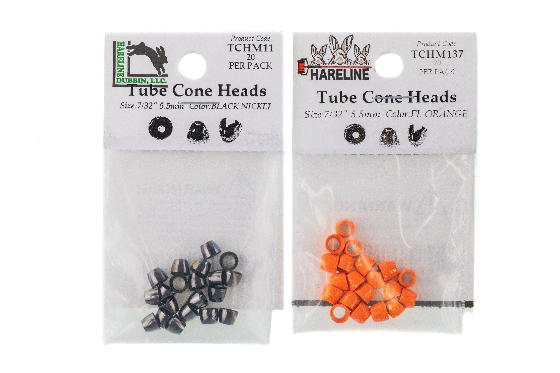 Hareline tube cone heads in clear packs, metallic black-nickel cones left and fluorescent orange cones right for fly tying