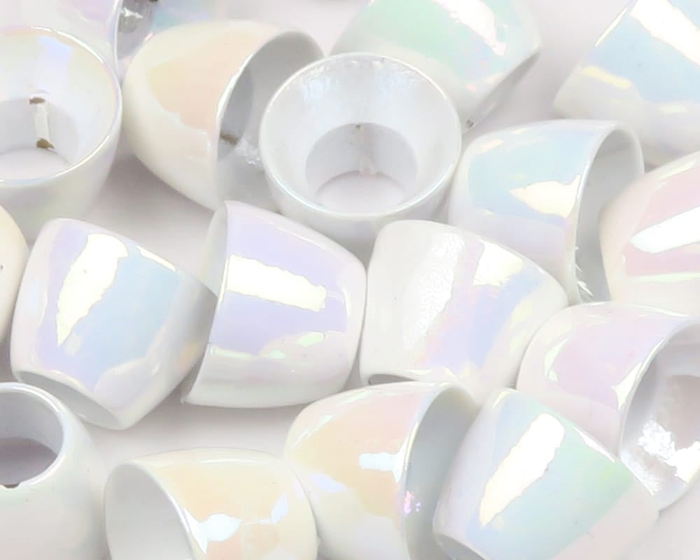 Hareline iridescent white hollow tube cone heads with glossy pearl finish, tapered cones for fly tying