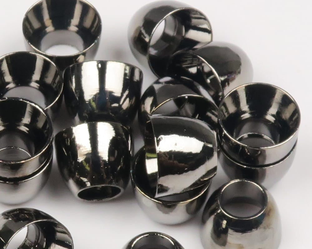 Shiny gunmetal cone heads for fly tying, polished metal tubular cones with reflective black-nickel finish