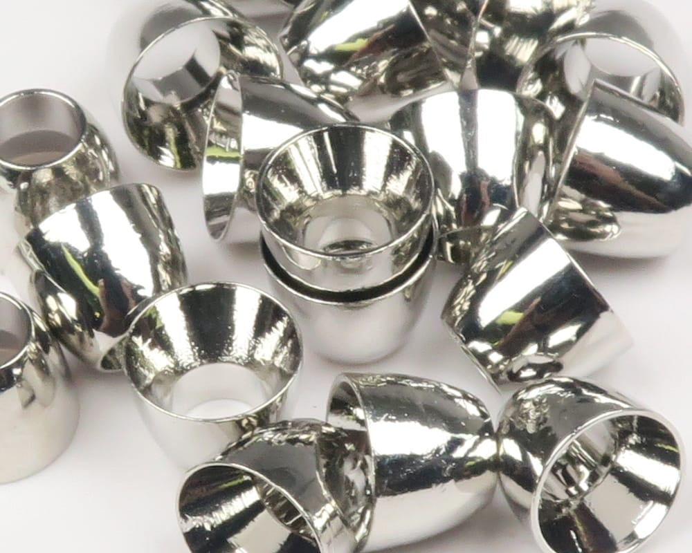 Shiny silver tube cone heads for fly tying, chrome-like metal cones with flared rims and hollow centers
