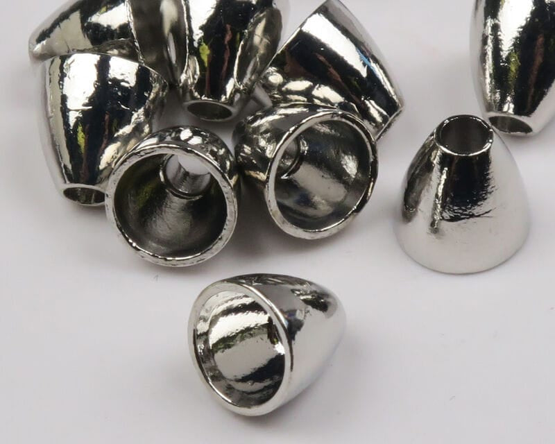 Polished silver tungsten fly-tying cones, hollow conical metal heads with reflective chrome-like finish