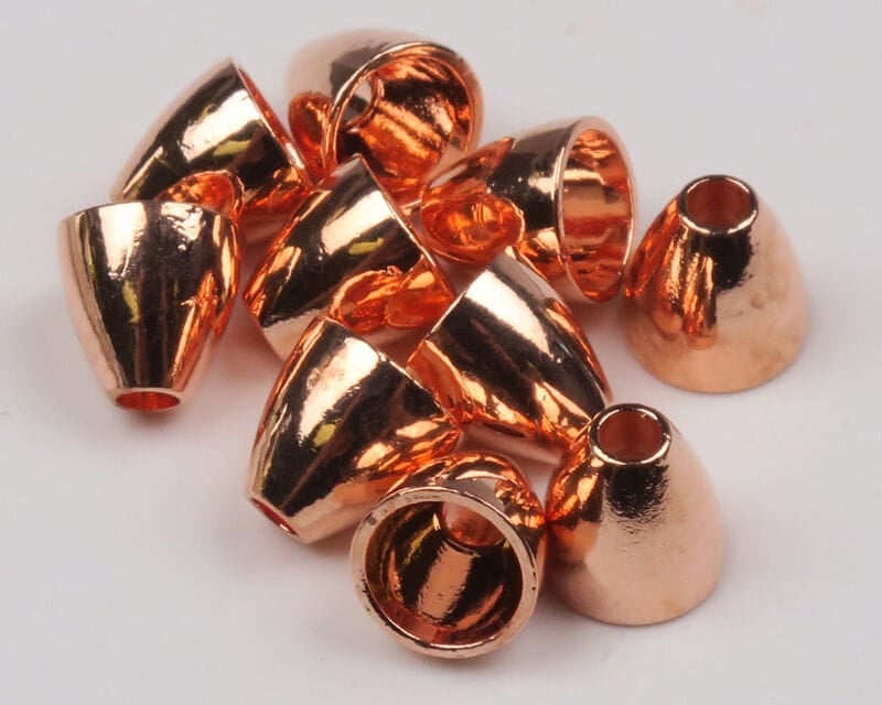Shiny copper-colored tungsten cones for fly tying, polished hollow tapered metal beadheads (Hareline)