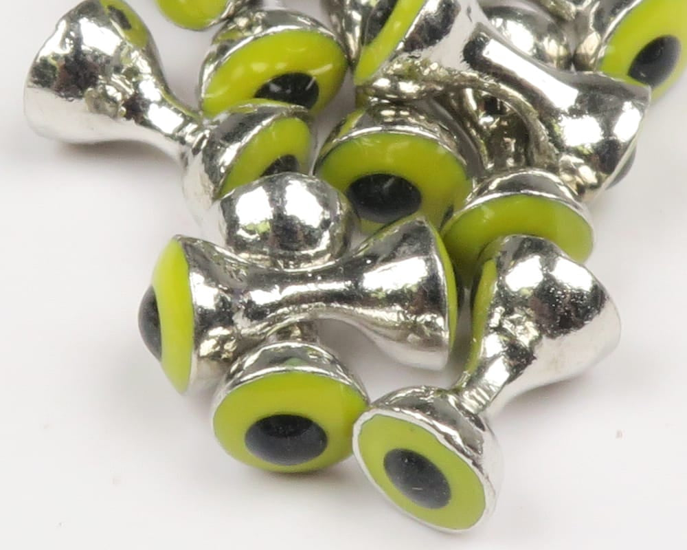 Silver tungsten predator eyes with chartreuse outer ring and black pupil, barbell-style fly tying eyes