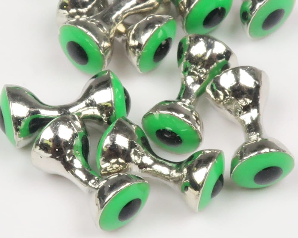 Shiny tungsten predator eyes for fly tying, silver dumbbell beads with neon green rings and black pupils