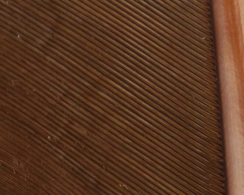 Hareline biot quills close-up: glossy chestnut brown ribbed turkey quill with fine parallel barbs