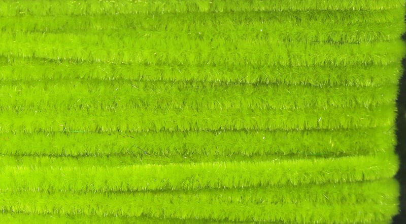 Chartreuse Hareline Ultra Chenille with dense fuzzy fibers arranged in parallel rows, ideal for fly tying