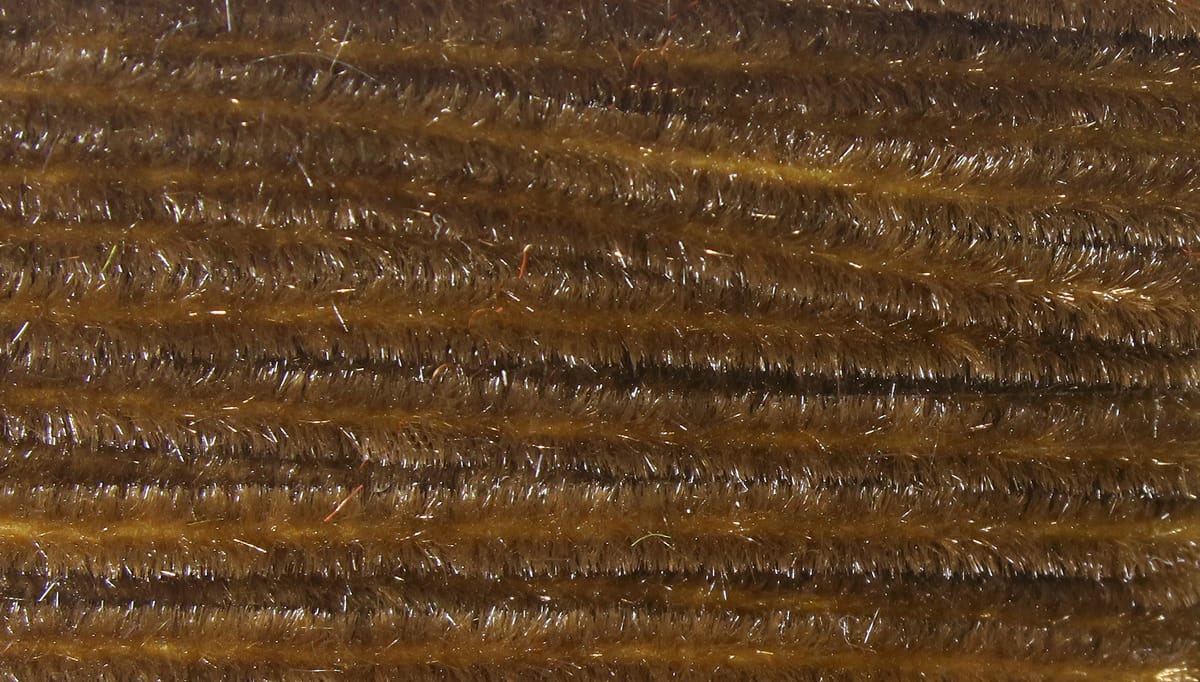 Olive-brown Hareline Ultra Chenille strands, fuzzy synthetic fibers with subtle metallic flash for fly tying
