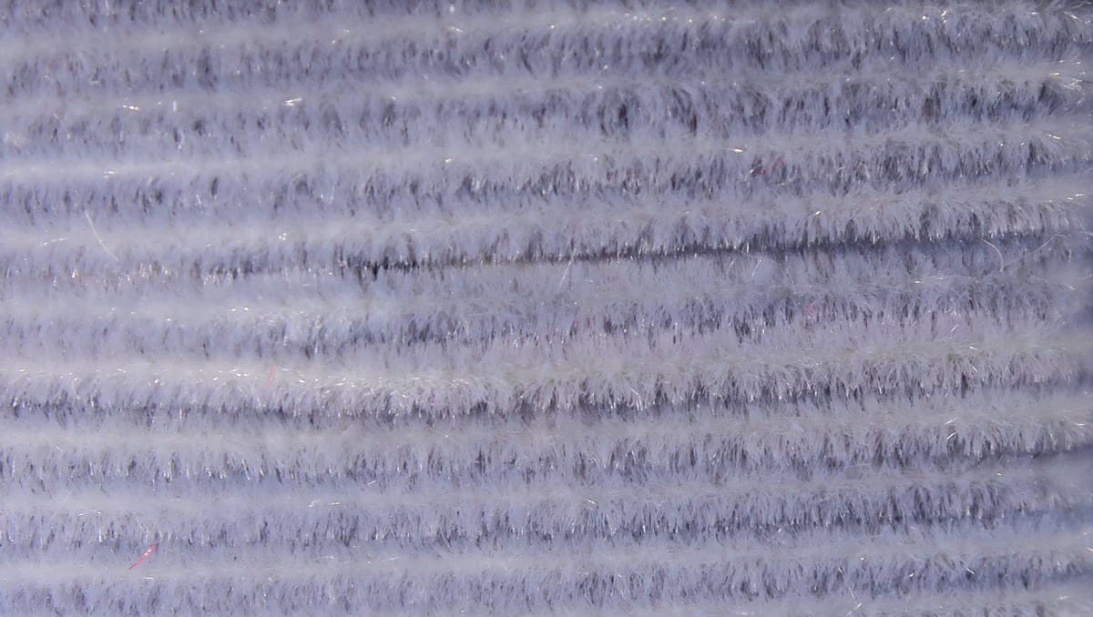 Pale lavender ultra chenille with dense fuzzy pile and subtle tinsel sparkle for fly tying