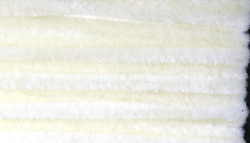 Cream-white ultra chenille with soft dense fuzzy fibers in parallel rows for fly tying and lure bodies